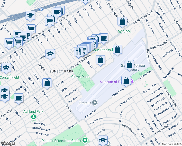 map of restaurants, bars, coffee shops, grocery stores, and more near 2800 28th Street in Santa Monica