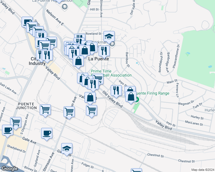 map of restaurants, bars, coffee shops, grocery stores, and more near 16149 Abbey Street in La Puente