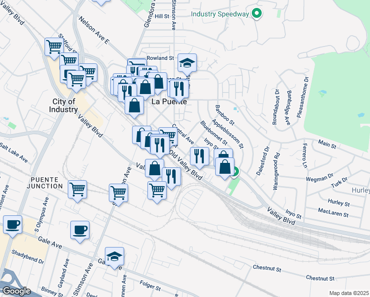 map of restaurants, bars, coffee shops, grocery stores, and more near 16149 Abbey Street in La Puente