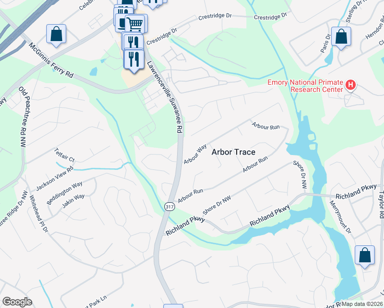 map of restaurants, bars, coffee shops, grocery stores, and more near 407 Arbour Way in Suwanee