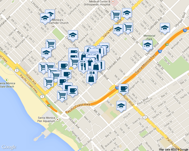 map of restaurants, bars, coffee shops, grocery stores, and more near 1537 7th Street in Santa Monica