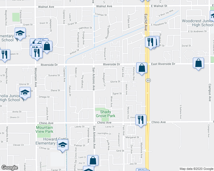 map of restaurants, bars, coffee shops, grocery stores, and more near 13035 Arlington Lane in Chino