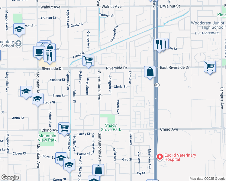 map of restaurants, bars, coffee shops, grocery stores, and more near 13035 Arlington Lane in Chino