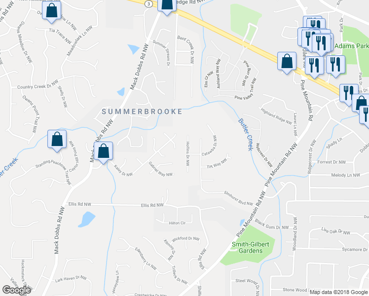 map of restaurants, bars, coffee shops, grocery stores, and more near 2516 Hollins Drive Northwest in Kennesaw
