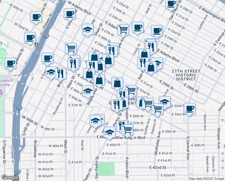 map of restaurants, bars, coffee shops, grocery stores, and more near 354 East 33rd Street in Los Angeles