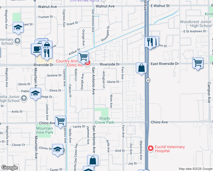 map of restaurants, bars, coffee shops, grocery stores, and more near 13035 Arlington Lane in Chino