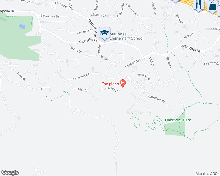 map of restaurants, bars, coffee shops, grocery stores, and more near 13049 Burns Lane in Redlands