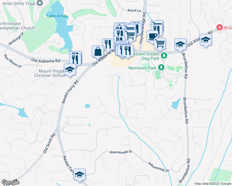 map of restaurants, bars, coffee shops, grocery stores, and more near 385 Guildhall Grove in Alpharetta