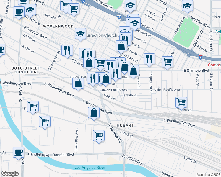 map of restaurants, bars, coffee shops, grocery stores, and more near 3346 East 14th Street in Los Angeles