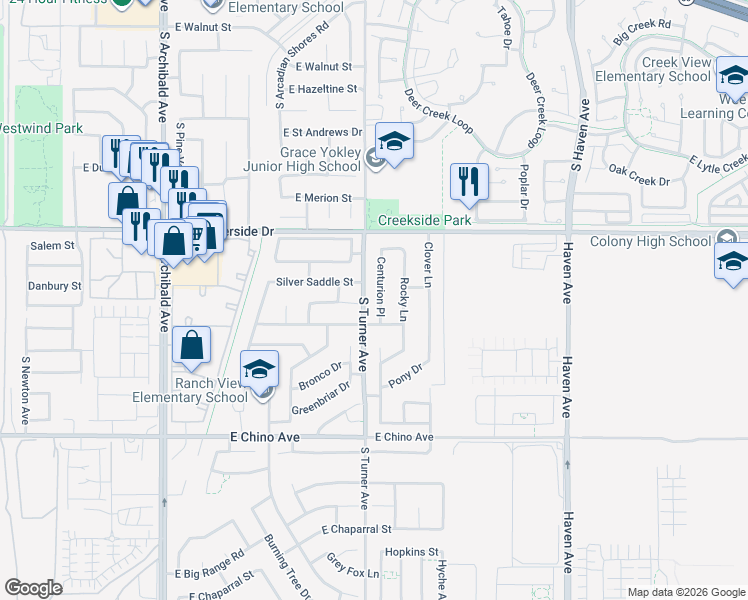 map of restaurants, bars, coffee shops, grocery stores, and more near 3144 Centurion Place in Ontario