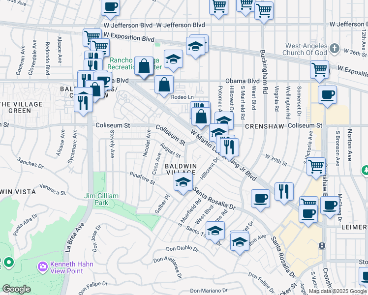 map of restaurants, bars, coffee shops, grocery stores, and more near 4600 Coliseum Street in Los Angeles