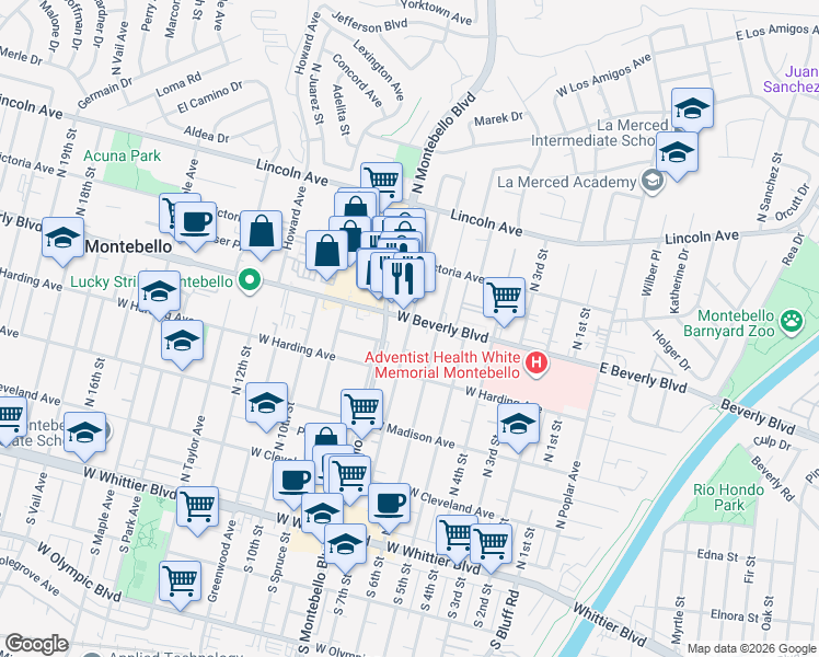 map of restaurants, bars, coffee shops, grocery stores, and more near North 7th Street in Montebello