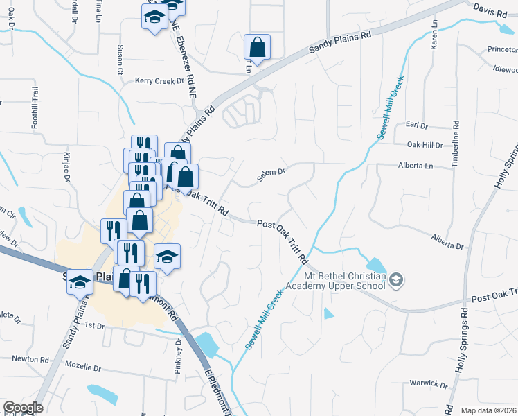 map of restaurants, bars, coffee shops, grocery stores, and more near 2714 Rustling Pines Court in Marietta