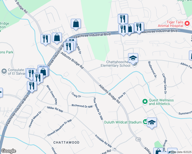 map of restaurants, bars, coffee shops, grocery stores, and more near 4095 Boles Creek Drive Northwest in Duluth