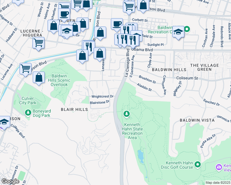 map of restaurants, bars, coffee shops, grocery stores, and more near 5802 Vicstone Court in Culver City