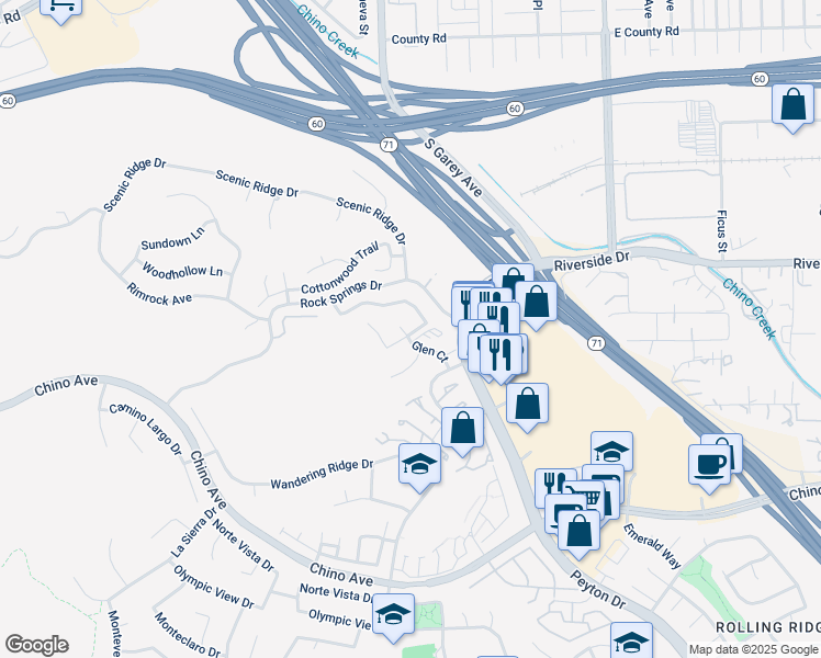 map of restaurants, bars, coffee shops, grocery stores, and more near 13035 Glen Court in Chino Hills