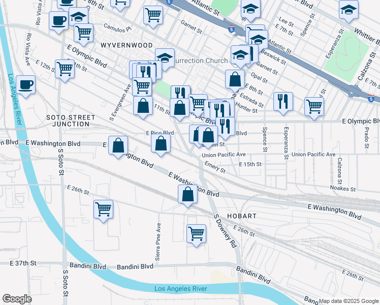 map of restaurants, bars, coffee shops, grocery stores, and more near 1499 South Lorena Street in Los Angeles
