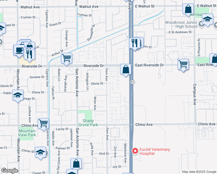map of restaurants, bars, coffee shops, grocery stores, and more near 13028 Melon Avenue in Chino