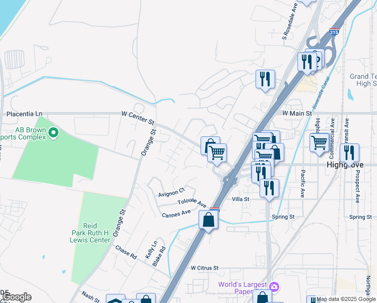 map of restaurants, bars, coffee shops, grocery stores, and more near 3355 Debbie Lane in Riverside
