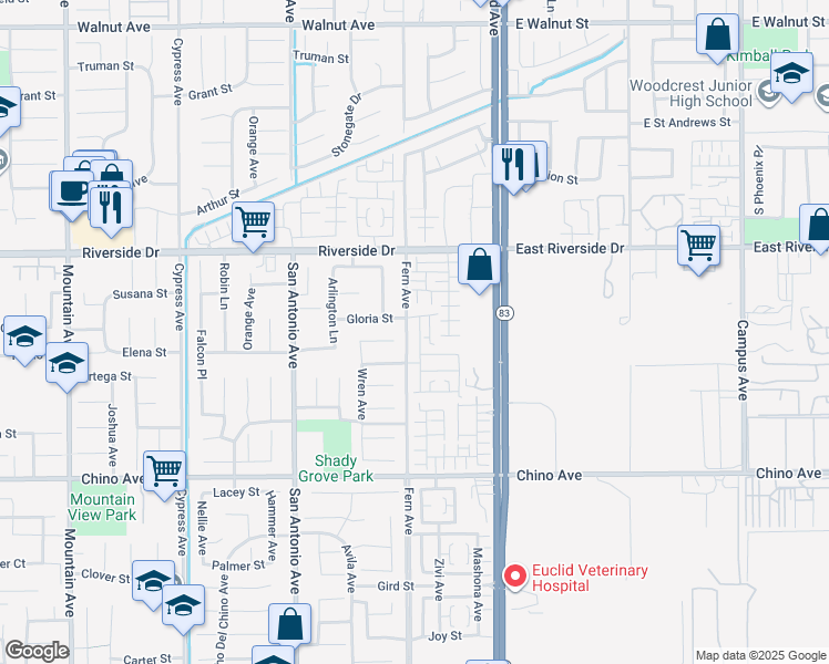 map of restaurants, bars, coffee shops, grocery stores, and more near 13028 Melon Avenue in Chino