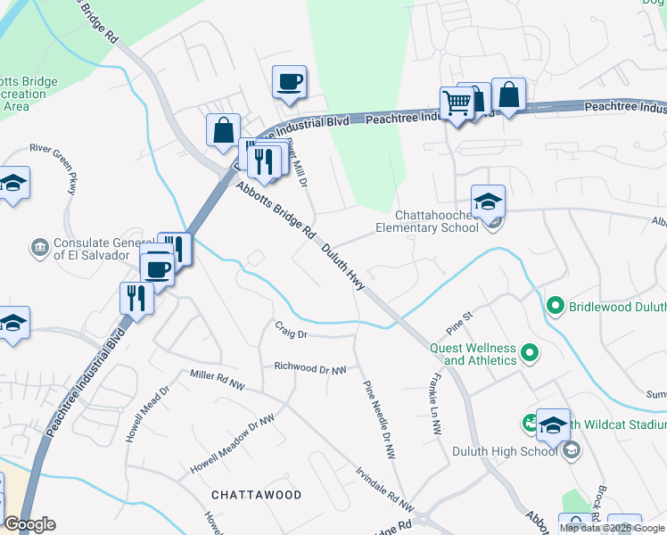 map of restaurants, bars, coffee shops, grocery stores, and more near 4129 Georgia 120 in Duluth