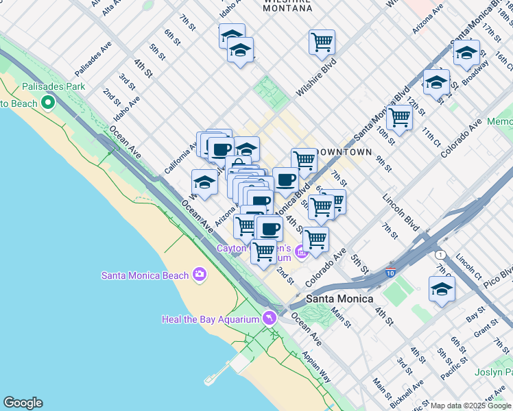 map of restaurants, bars, coffee shops, grocery stores, and more near 1319 3rd Street Promenade in Santa Monica