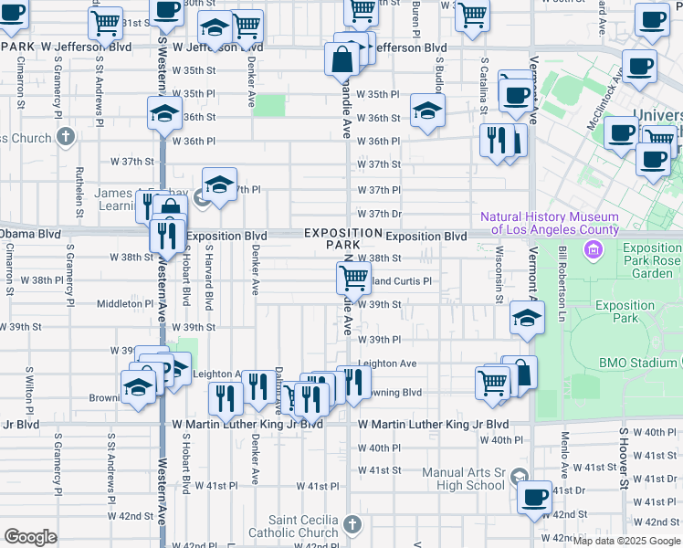 map of restaurants, bars, coffee shops, grocery stores, and more near 1307 Rolland Curtis Place in Los Angeles