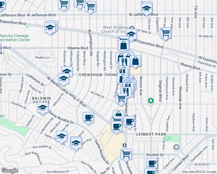 map of restaurants, bars, coffee shops, grocery stores, and more near 3817 Somerset Drive in Los Angeles