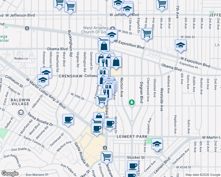 map of restaurants, bars, coffee shops, grocery stores, and more near 500 Crenshaw Boulevard in Los Angeles
