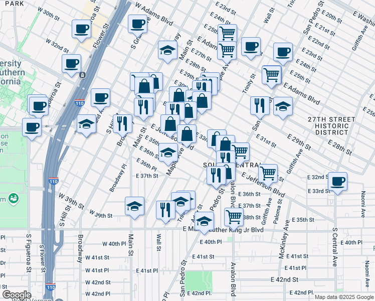 map of restaurants, bars, coffee shops, grocery stores, and more near 312 East Jefferson Boulevard in Los Angeles