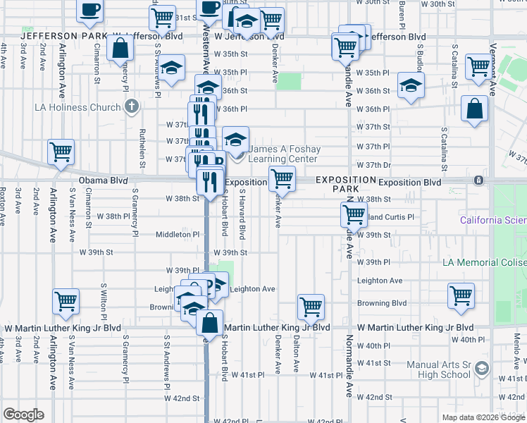 map of restaurants, bars, coffee shops, grocery stores, and more near 3826 La Salle Avenue in Los Angeles