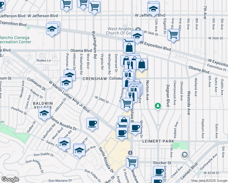 map of restaurants, bars, coffee shops, grocery stores, and more near 3817 Somerset Drive in Los Angeles