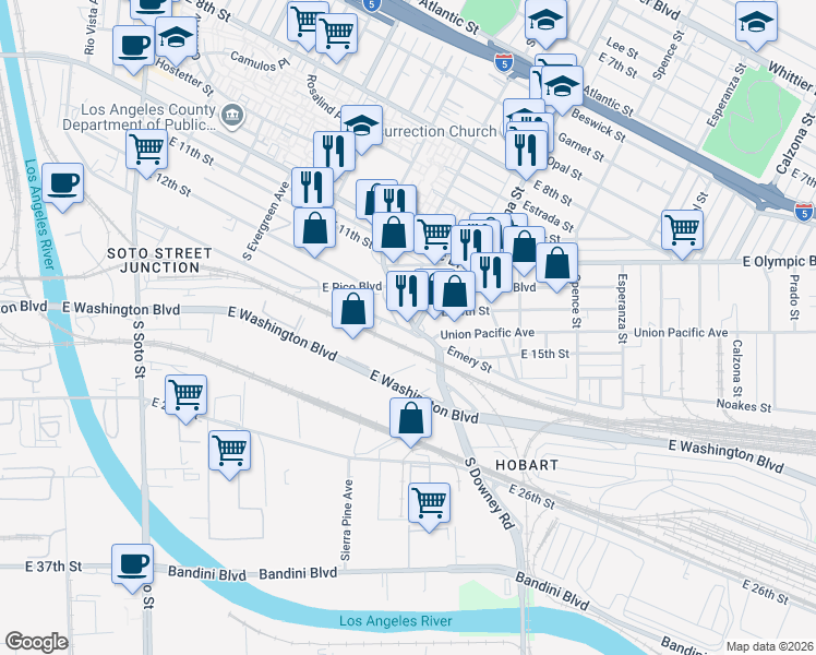 map of restaurants, bars, coffee shops, grocery stores, and more near 1547 South Grande Vista Avenue in Los Angeles