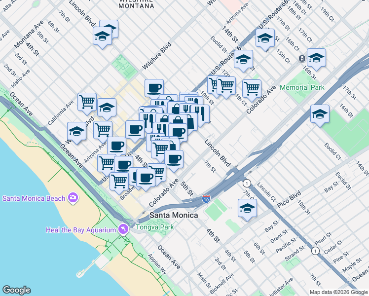 map of restaurants, bars, coffee shops, grocery stores, and more near 1518 7th Street in Santa Monica