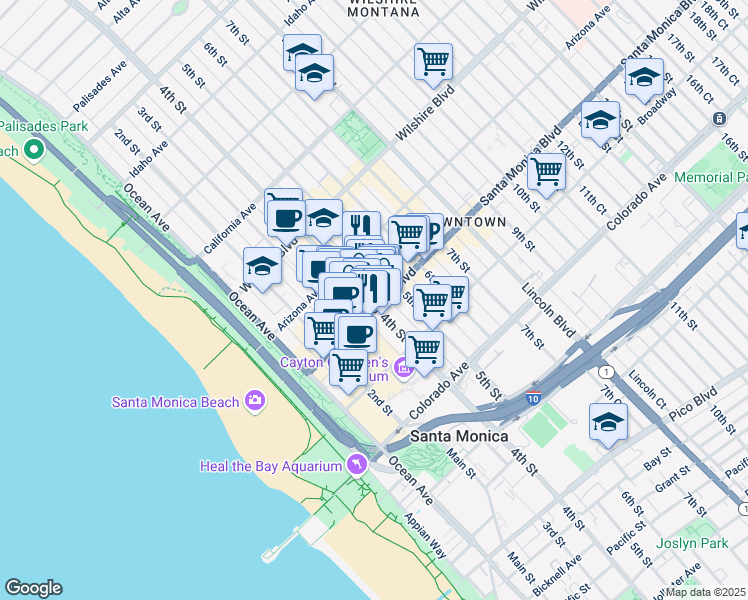 map of restaurants, bars, coffee shops, grocery stores, and more near 1357 4th Street in Santa Monica
