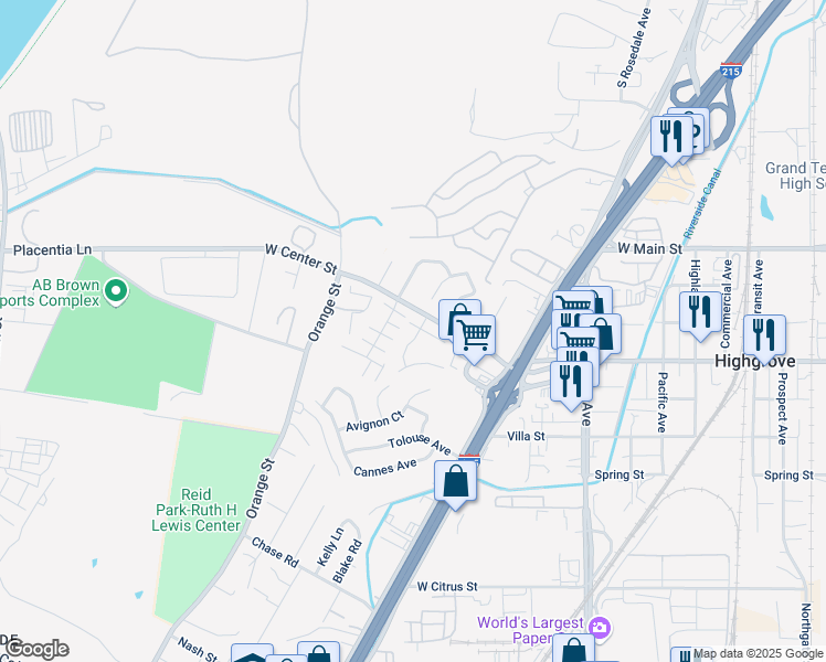 map of restaurants, bars, coffee shops, grocery stores, and more near 3355 Debbie Lane in Riverside