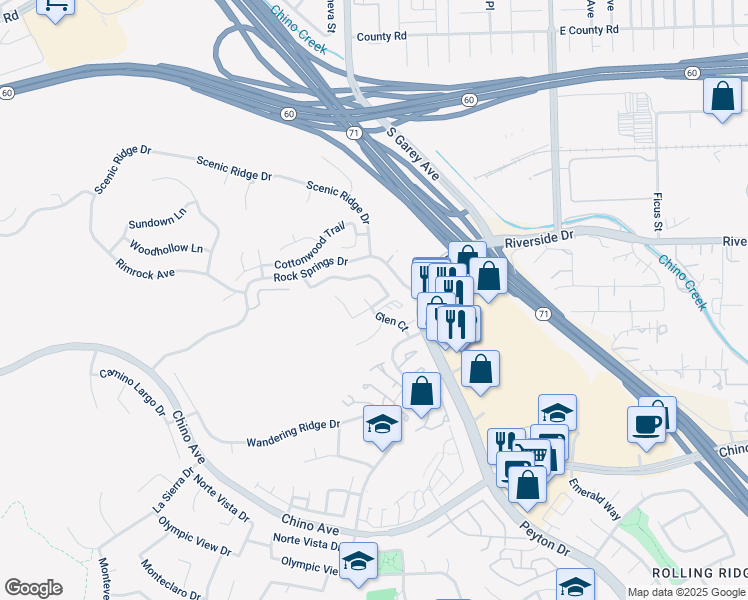 map of restaurants, bars, coffee shops, grocery stores, and more near 13035 Glen Court in Chino Hills