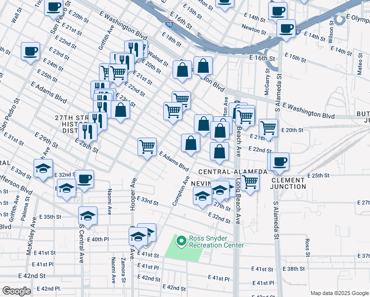 map of restaurants, bars, coffee shops, grocery stores, and more near 1441 East 25th Street in Los Angeles