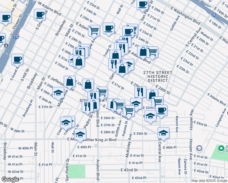 map of restaurants, bars, coffee shops, grocery stores, and more near 729 East 32nd Street in Los Angeles