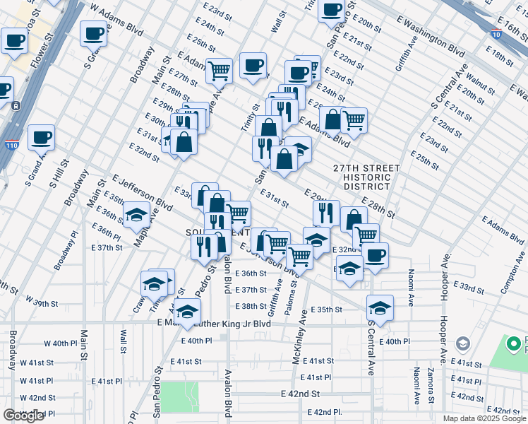 map of restaurants, bars, coffee shops, grocery stores, and more near 729 East 32nd Street in Los Angeles