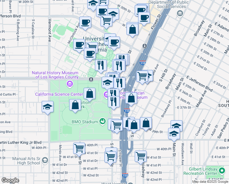 map of restaurants, bars, coffee shops, grocery stores, and more near 3748 South Figueroa Street in Los Angeles