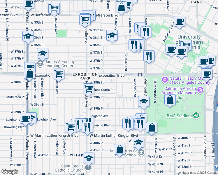 map of restaurants, bars, coffee shops, grocery stores, and more near 1200 West 38th Street in Los Angeles
