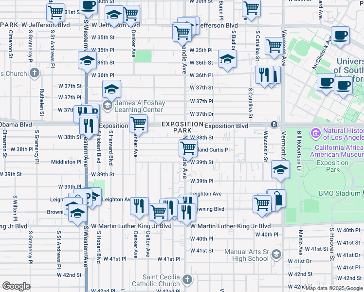 map of restaurants, bars, coffee shops, grocery stores, and more near 3801 Normandie Avenue in Los Angeles