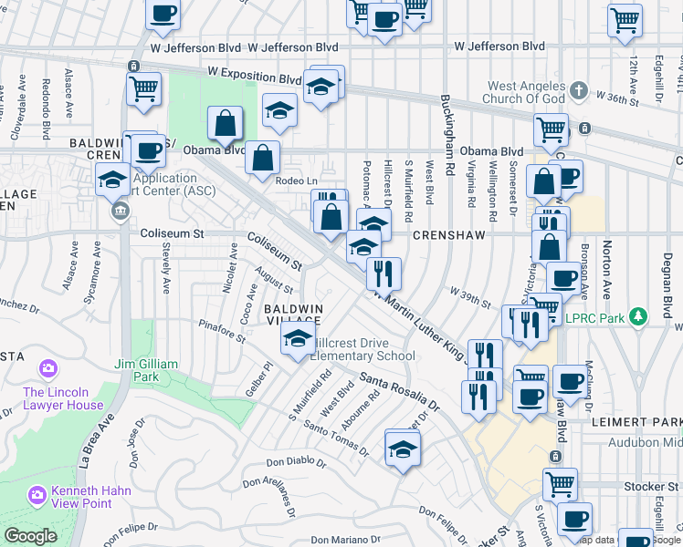 map of restaurants, bars, coffee shops, grocery stores, and more near 4410 West Martin Luther King Junior Boulevard in Los Angeles