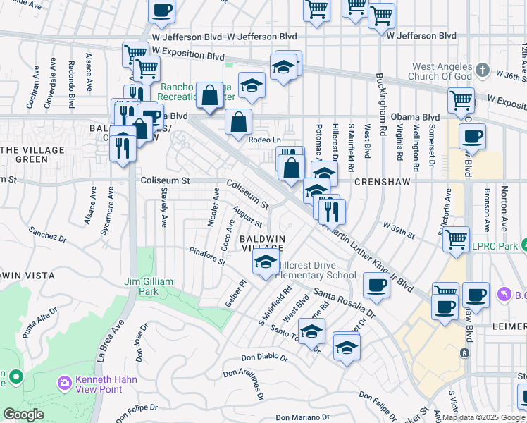 map of restaurants, bars, coffee shops, grocery stores, and more near 4209-4599 Coliseum Street in Los Angeles