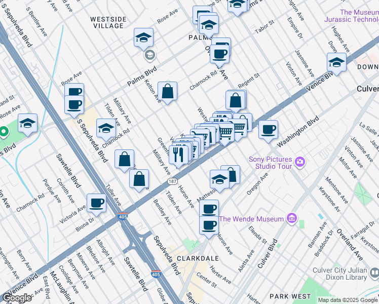 map of restaurants, bars, coffee shops, grocery stores, and more near 3735 Kelton Avenue in Los Angeles