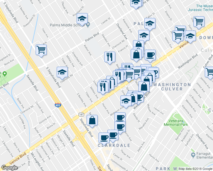 map of restaurants, bars, coffee shops, grocery stores, and more near 3735 Kelton Avenue in Los Angeles