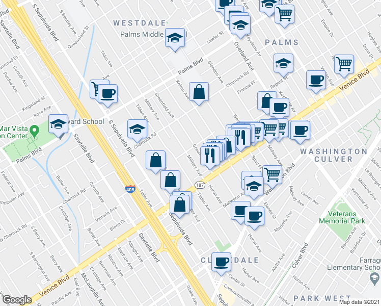 map of restaurants, bars, coffee shops, grocery stores, and more near 3708 Greenfield Avenue in Los Angeles