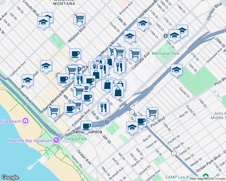 map of restaurants, bars, coffee shops, grocery stores, and more near in Santa Monica