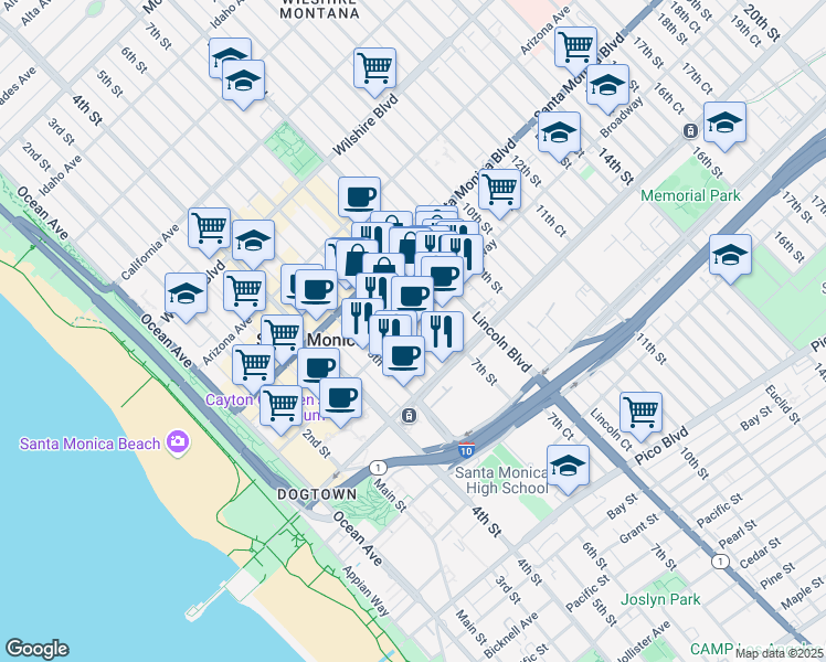 map of restaurants, bars, coffee shops, grocery stores, and more near 626 Broadway in Santa Monica